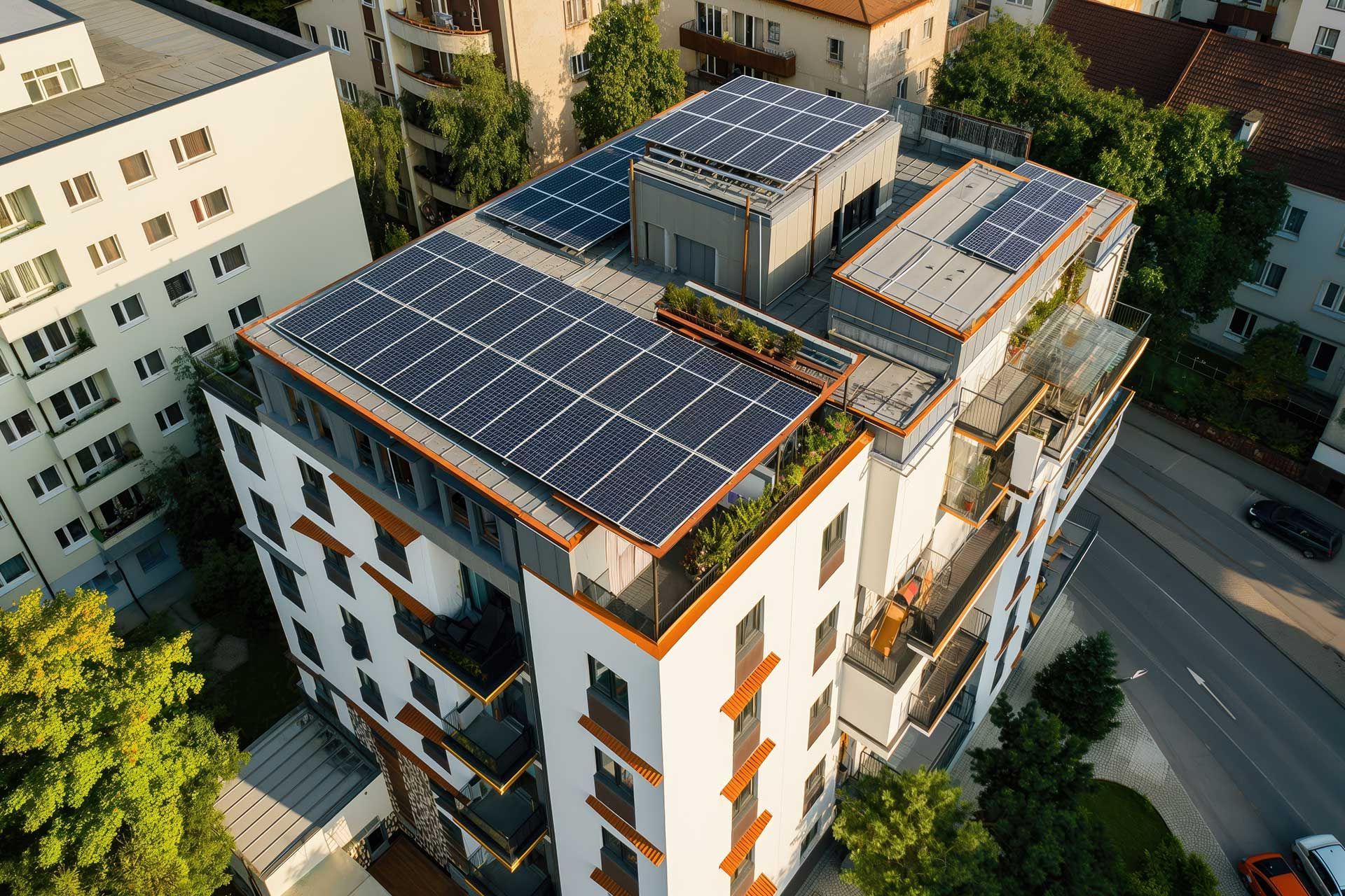 Modern eco friendly passive house with solar panels on rooftop.