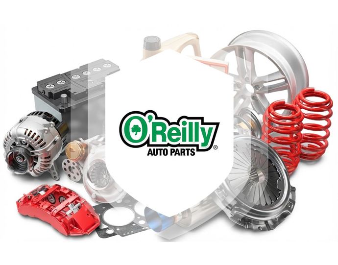 O’Reilly Auto Parts logo centered over car parts and accessories, including alternator, brake caliper, and springs | Paul's Automotive