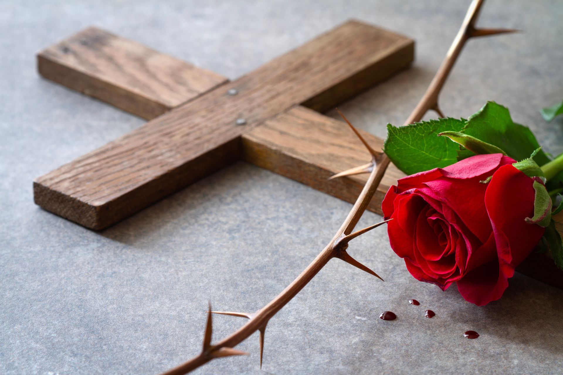 A red rose lying next to a stem with long thorns atop a small wooden cross laid on a gray surface.