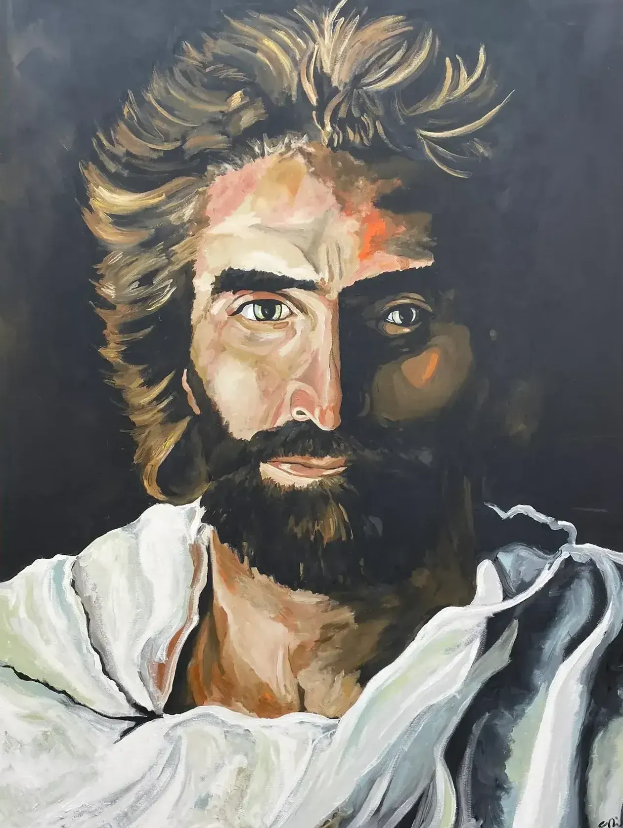 A painting of Jesus Christ with short hair and thick eyebrows, mustache, and beard.
