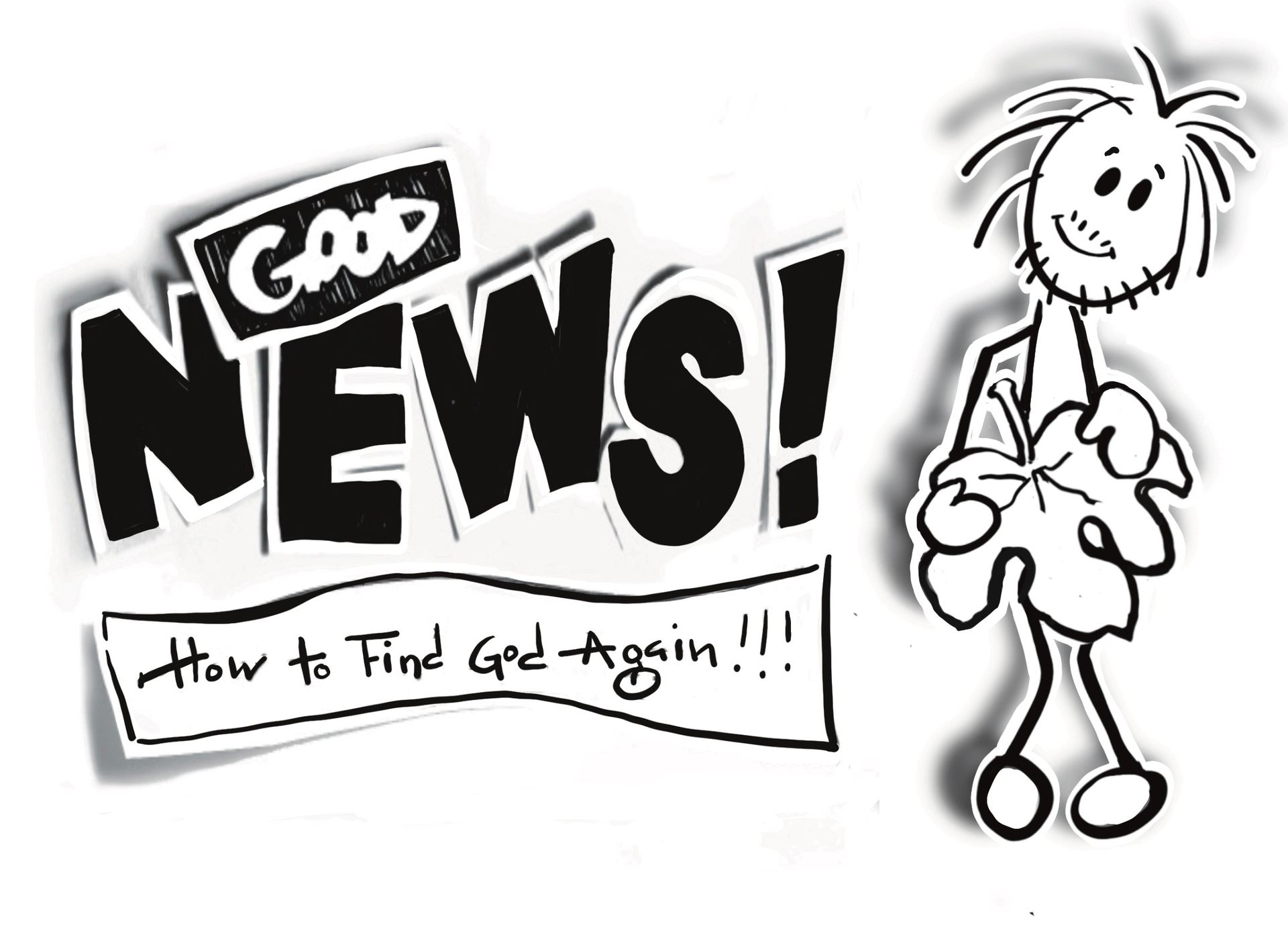 Black and white drawing of comical stick man wearing a fig leaf and standing next to cut-out title and subtitle. 