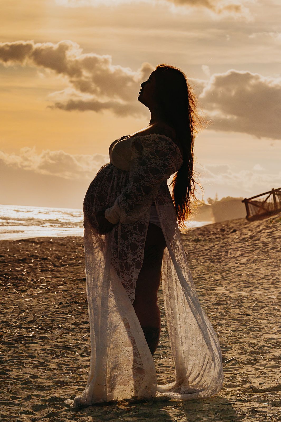 Silueta de una persona con un vestido vaporoso, de pie en una playa al atardecer