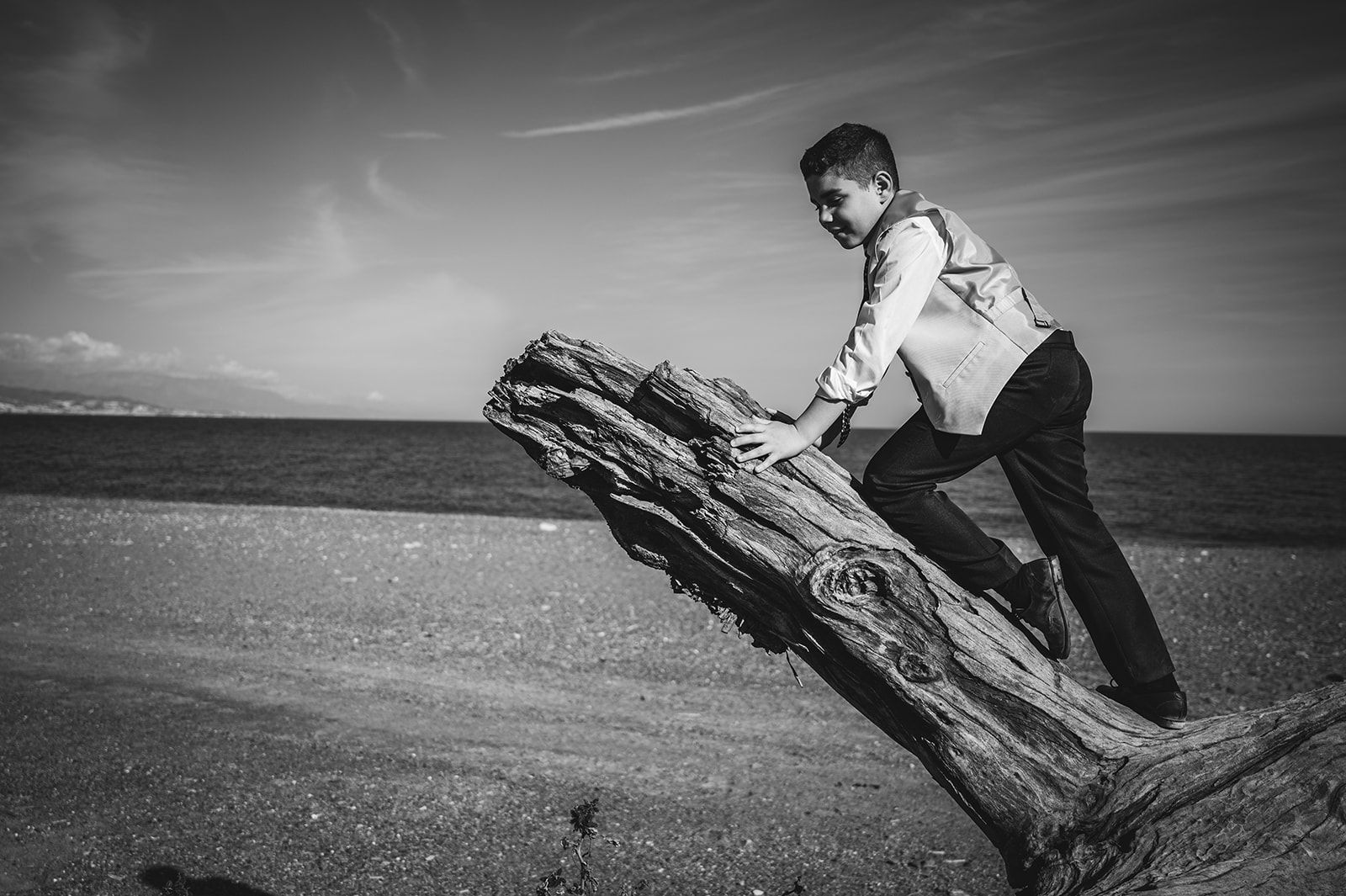 Una persona trepando por un gran tronco de madera arrastrado por el mar en la playa, en blanco y negro.