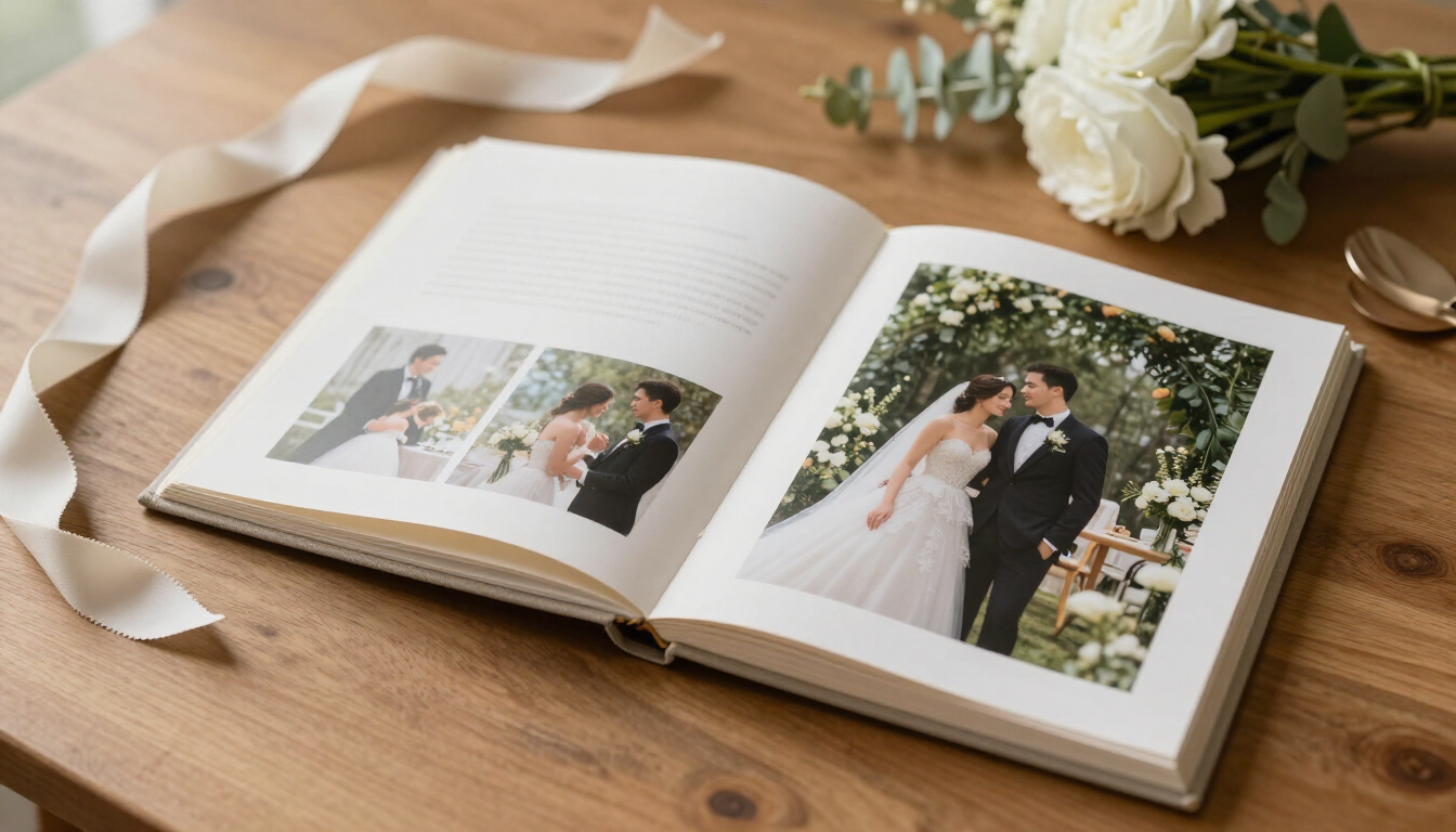 Álbum de boda abierto junto a fotografías impresas y detalles de una celebración