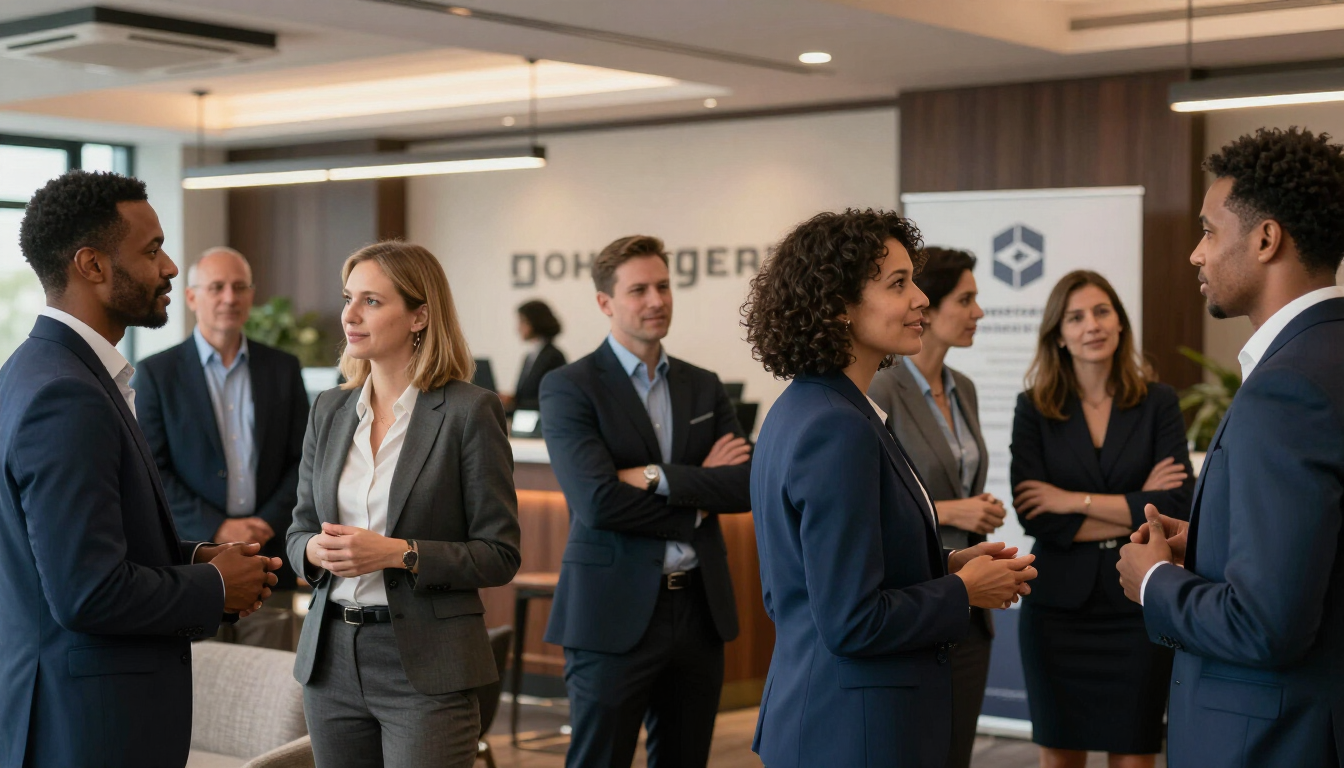 Asistentes conversando durante un momento de networking en un evento corporativo