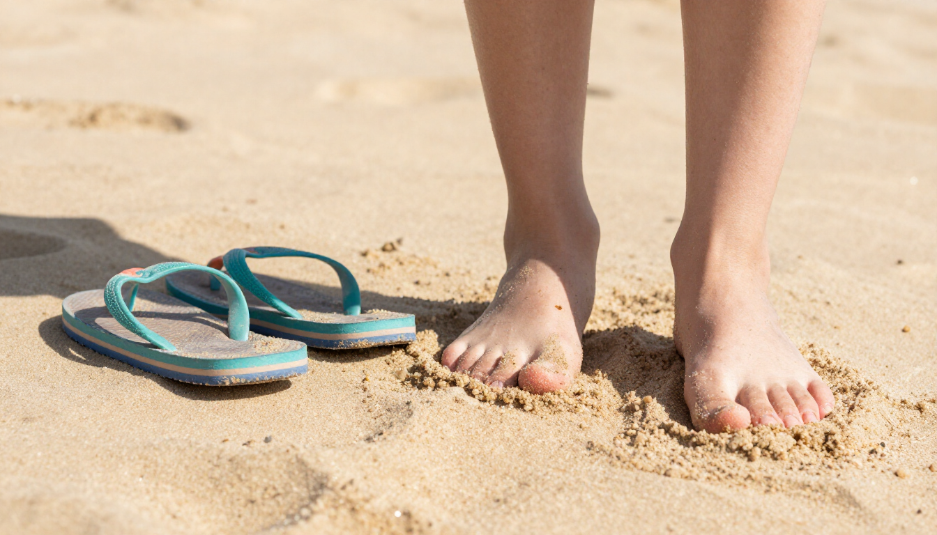 Person walking safely on the beach during summer warm weather activities.