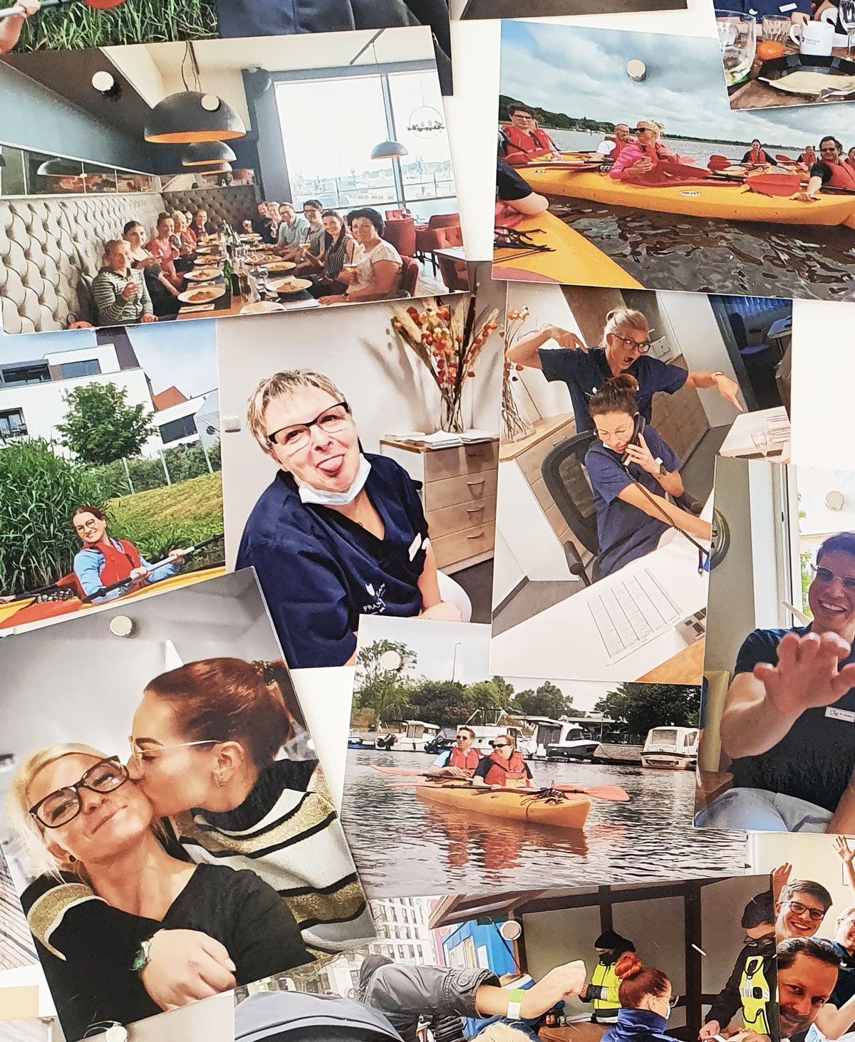 Eine Collage aus Bildern von Menschen, darunter eine Frau, die einen Mann küsst