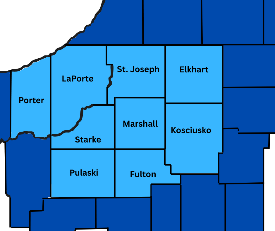 Map of Indiana counties in varying blue shades, with county names labeled.