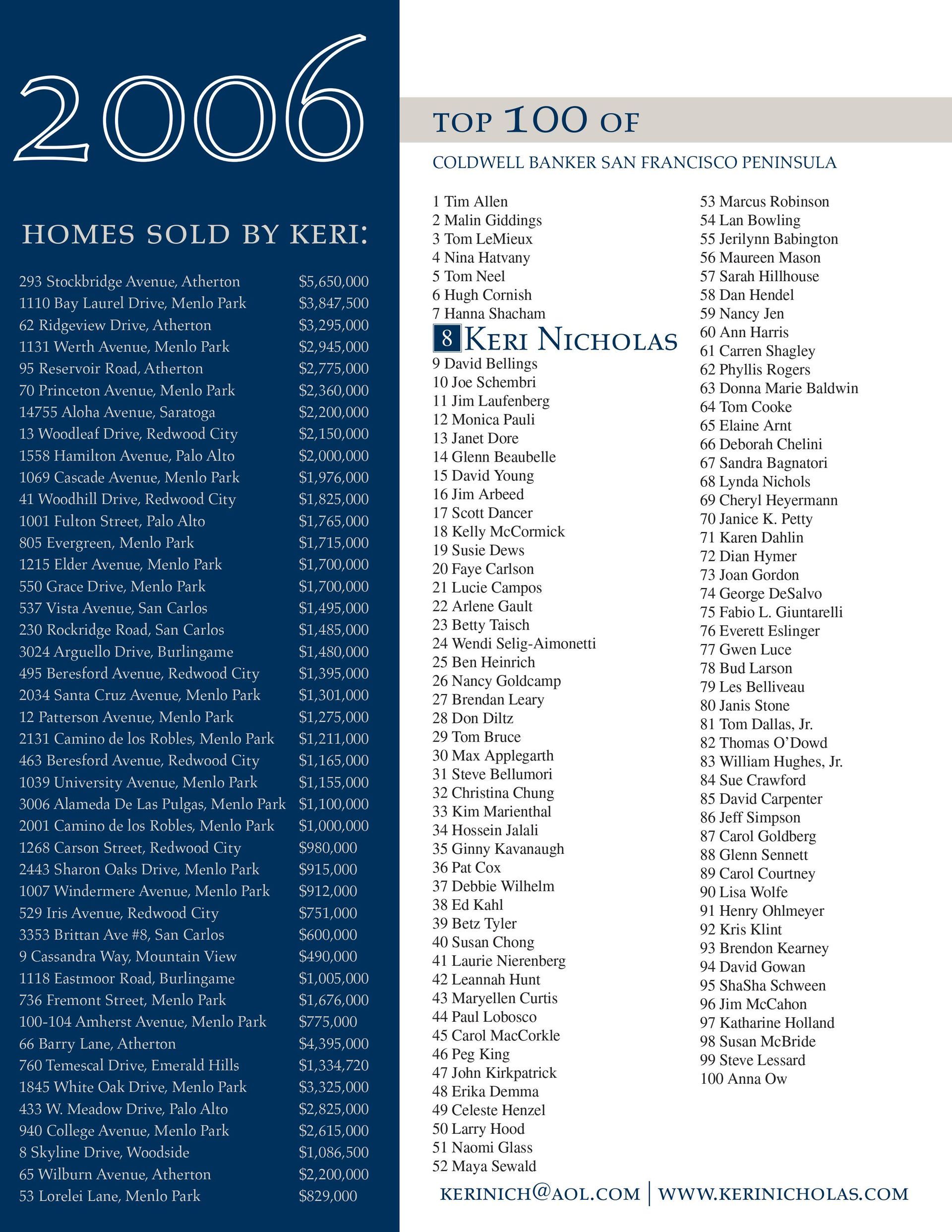 2006 blue-and-white schedule/list page with two columns of names and events.