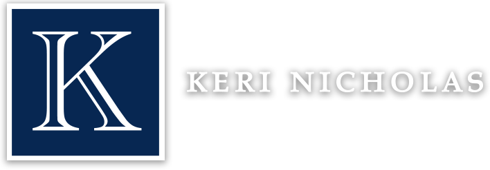 White “K” monogram logo on a navy square with “KERI NICHOLAS” in white text on a light background.