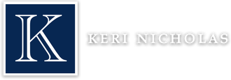 White “K” monogram logo on a navy square with “KERI NICHOLAS” in white text on a light background.