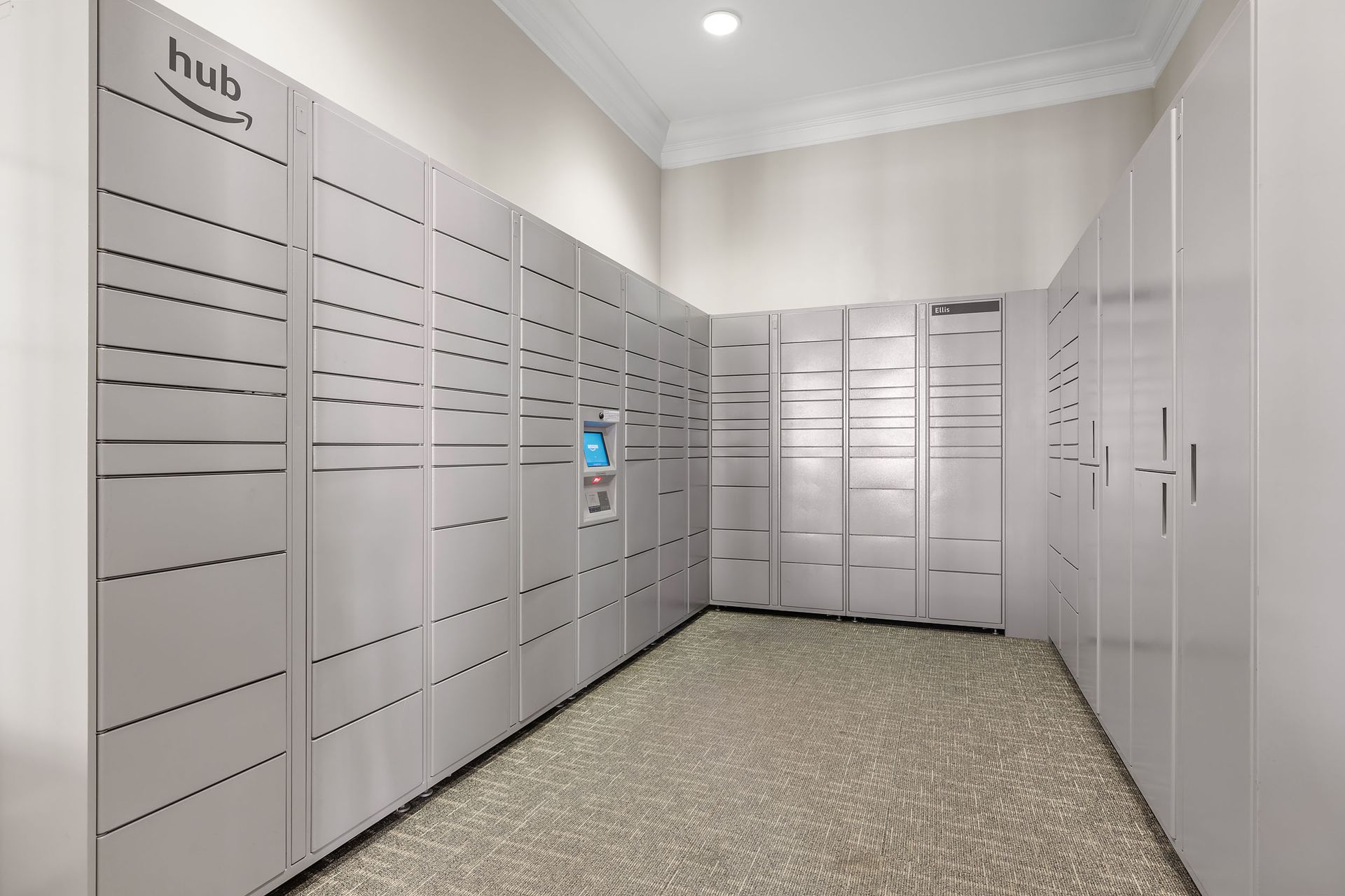 A room with a lot of lockers that say hub on them at Marquis Ellis Crossing offers apartments for rent in Durham, NC.