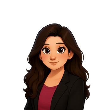 Donna dei cartoni animati con i capelli castani, che indossa un blazer nero e una camicia bordeaux, sorridente.