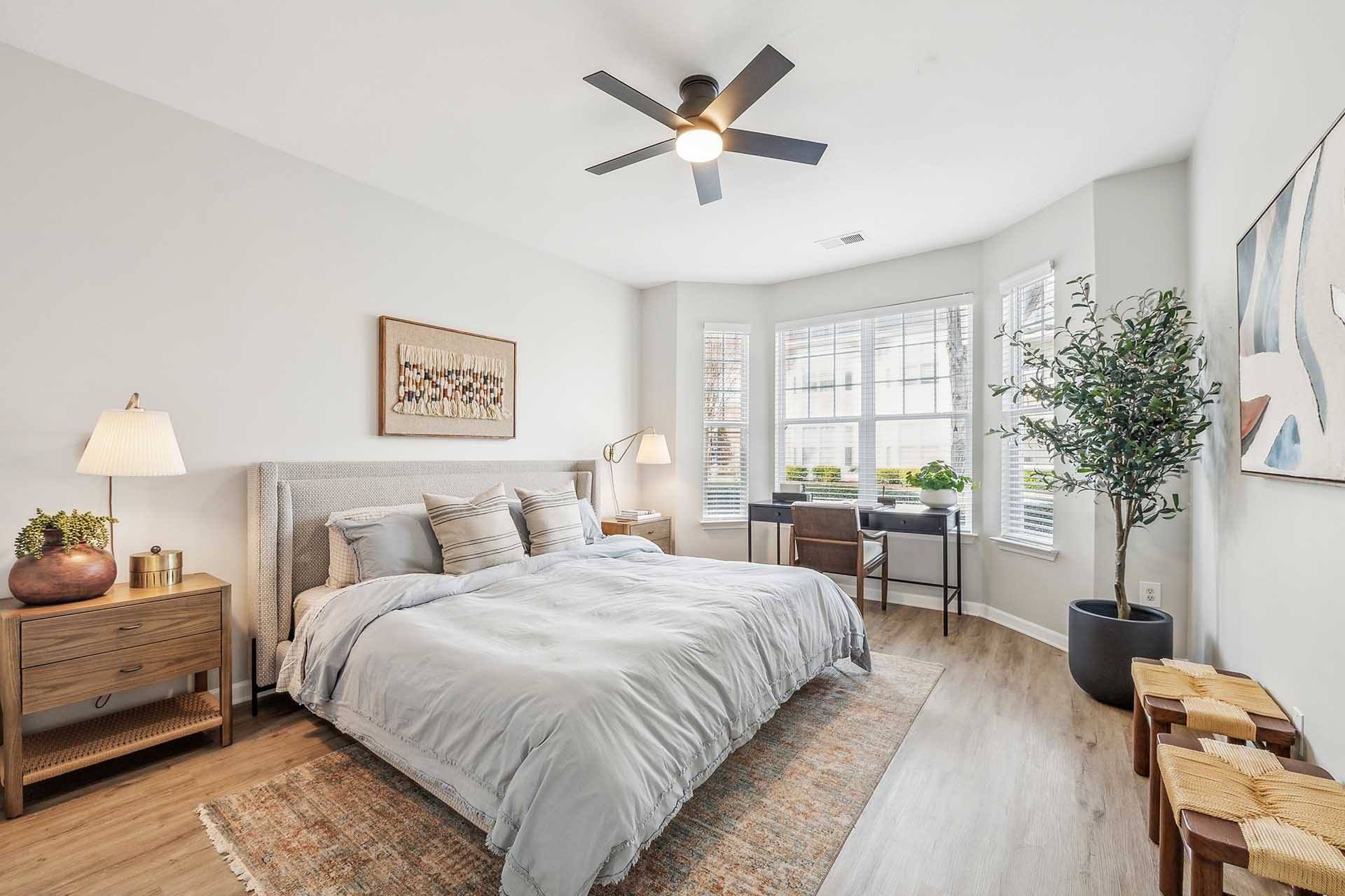 A bedroom with a large bed, a ceiling fan, and a wooden nightstand with a lamp and a plant on it.