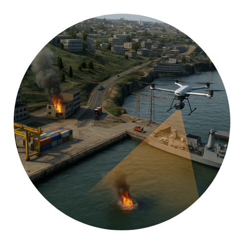 Bowler Pons ShadowGuard drone surveying a fire explosion in the water