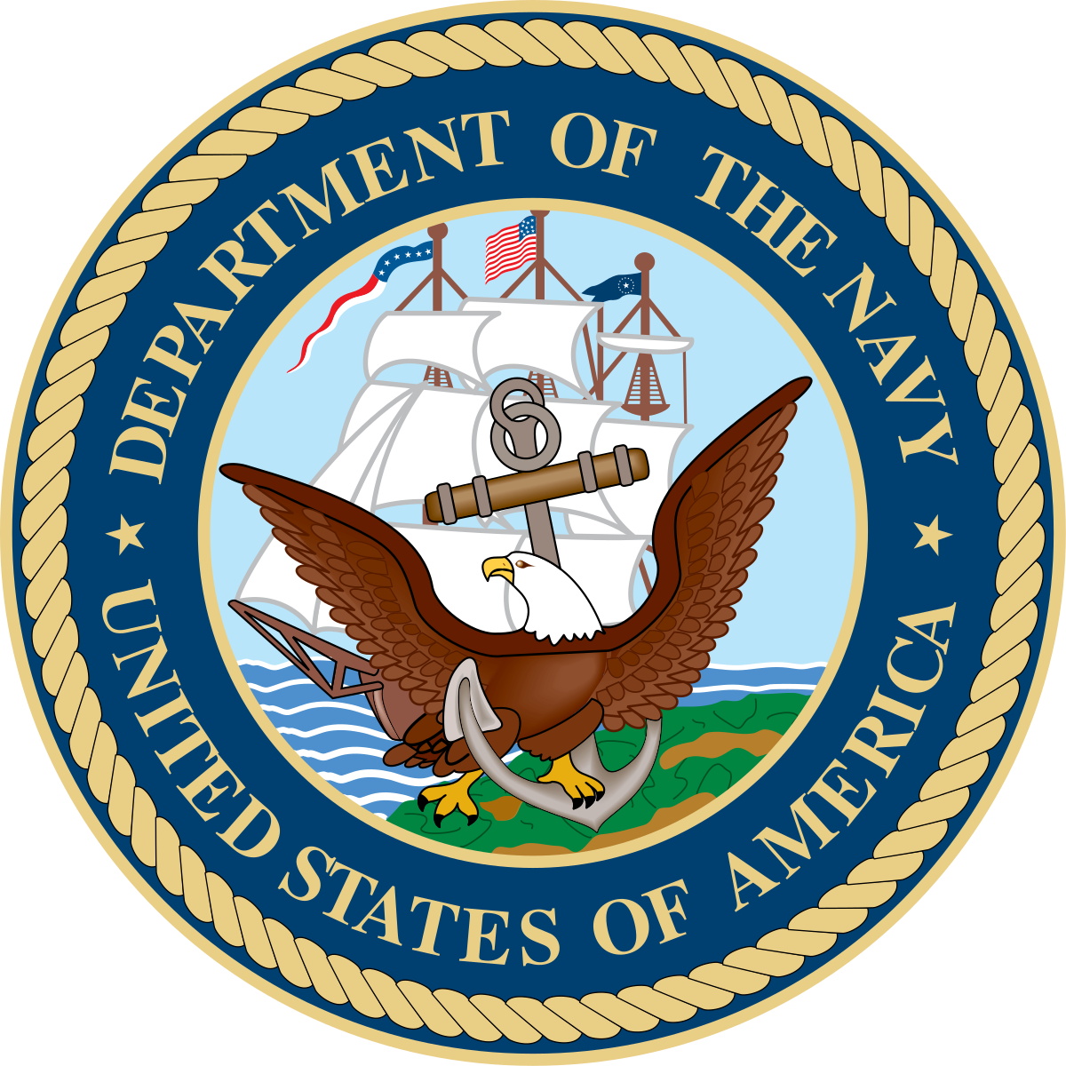 US Navy emblem: eagle with outspread wings over an anchor, with a ship and American flag.