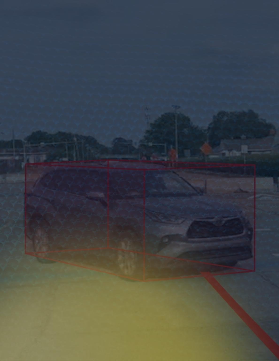 ShadowGuard Control box surrounds a silver SUV on a road with crosswalk and construction signs.