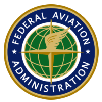 FAA logo, blue and gold circular seal with a globe, a winged symbol, and text 