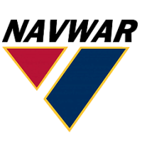 NAVWAR logo: Black text above red and blue triangular shapes with yellow borders.