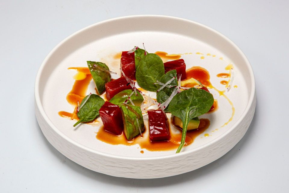 Plated gourmet dish with green leaves, red sauce, and orange puree on a white plate