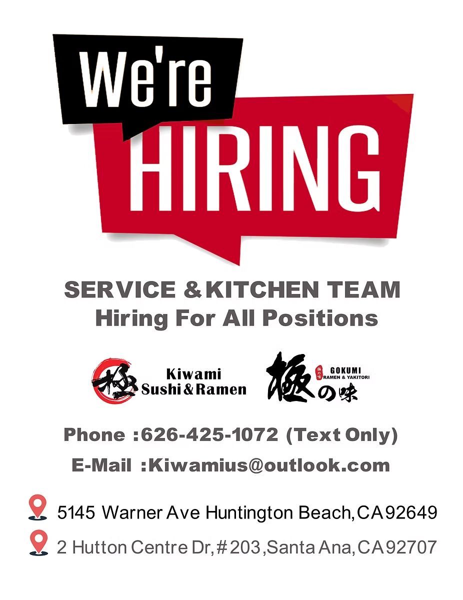 We're hiring poster for Service & Kitchen Team, with phone number, email, and two locations.