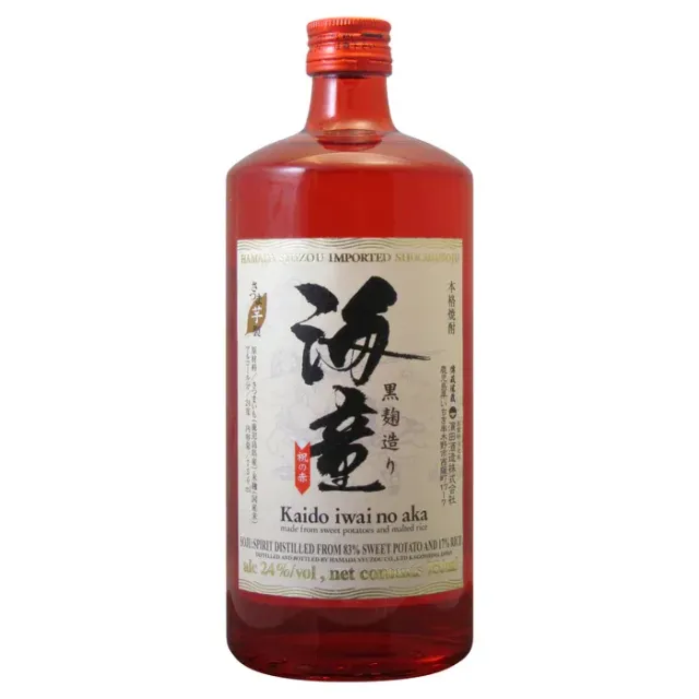 Red bottle of Kaido Iwai no aki liquor with a white label and black Japanese calligraphy