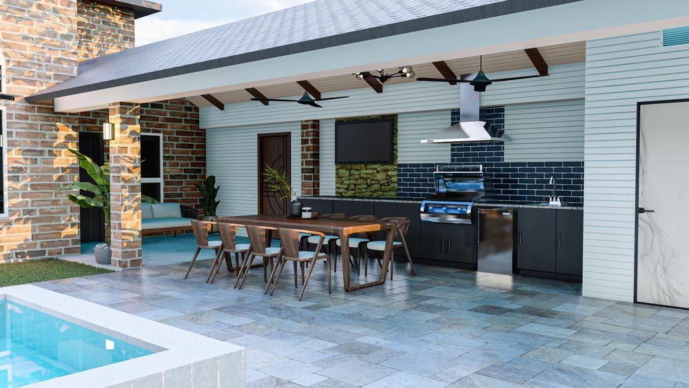 An Artist's Impression of an Outdoor Kitchen With a Table and Chairs Next to a Pool — Allnew Kitchens in Charmhaven, NSW