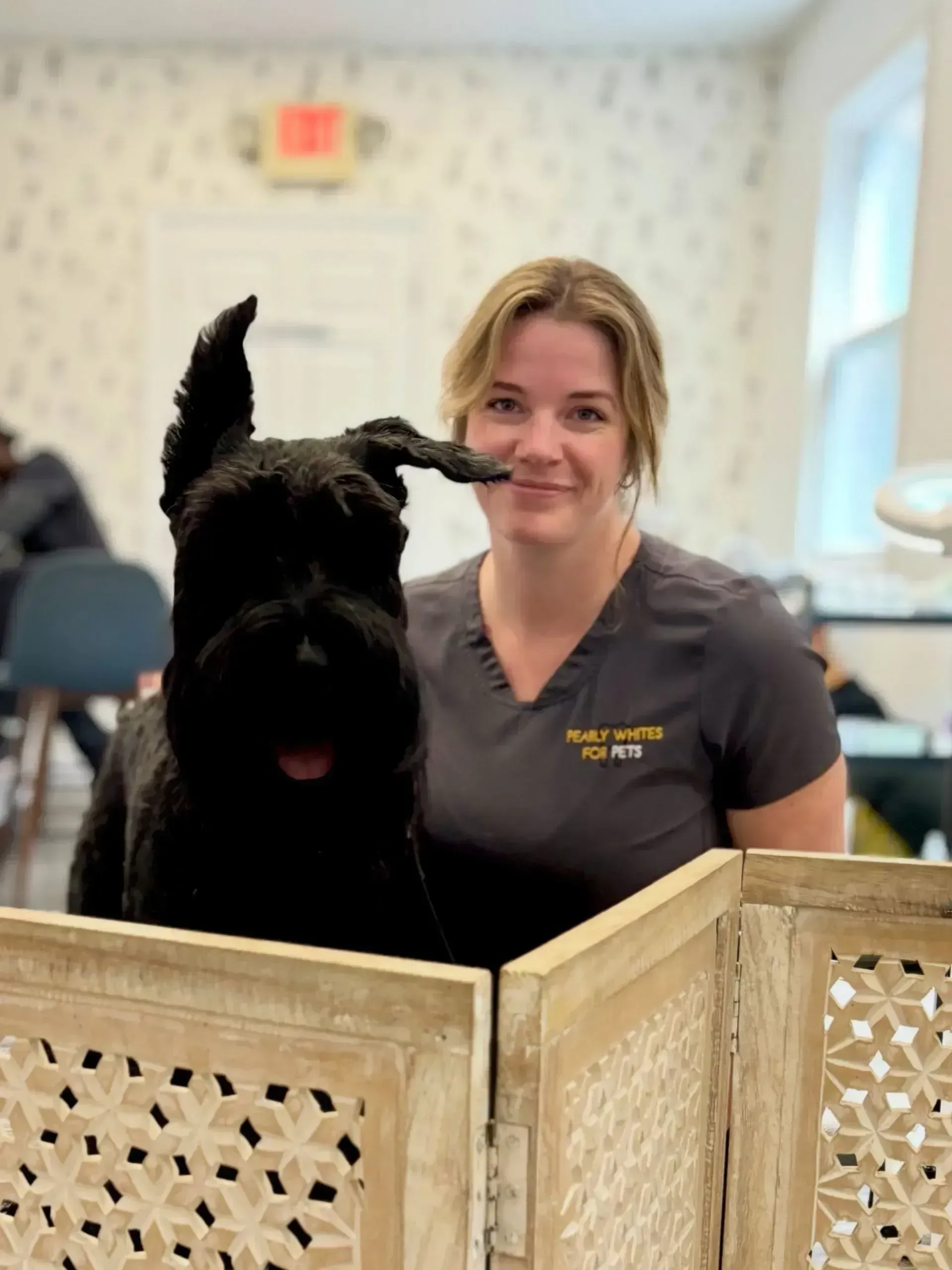Black dog and smiling woman behind a patterned wooden gate in a bright room