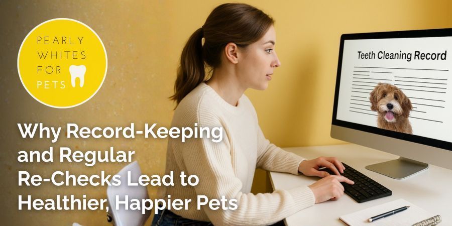 Woman typing at a desk beside a pet health article, with a dog photo on the computer screen and yellow logo text.