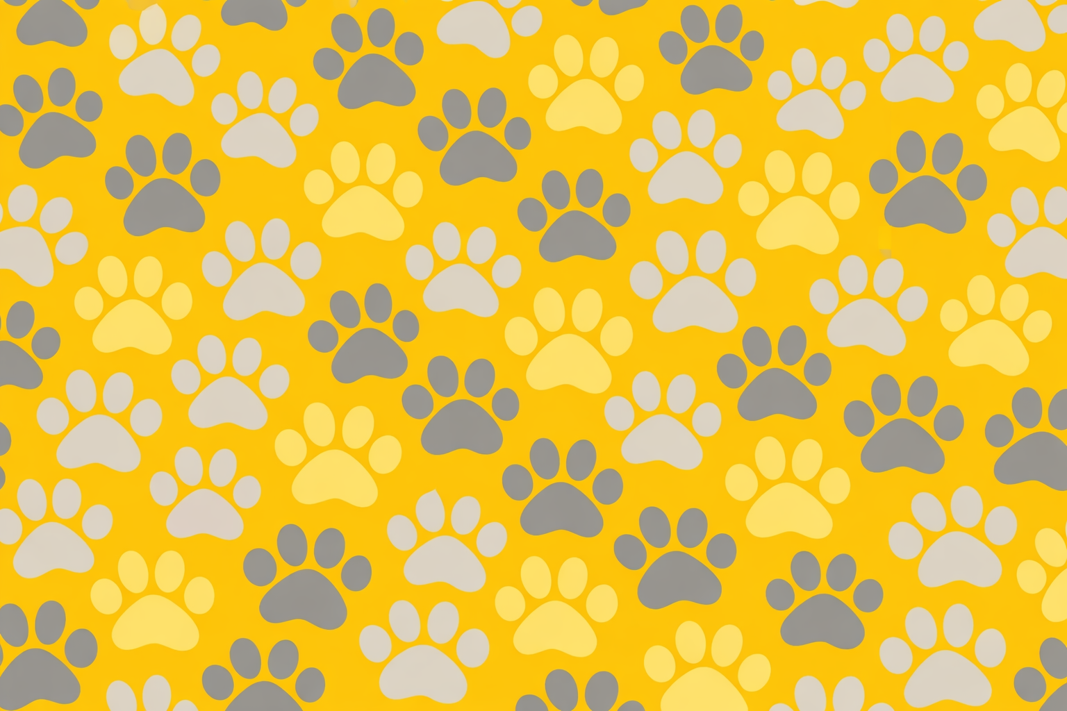 Yellow background with repeating gray and white paw print pattern