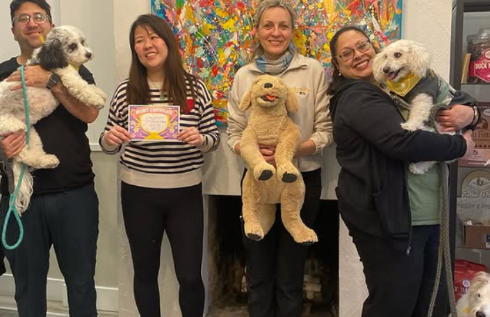 Four people holding small dogs stand before a colorful abstract mural.