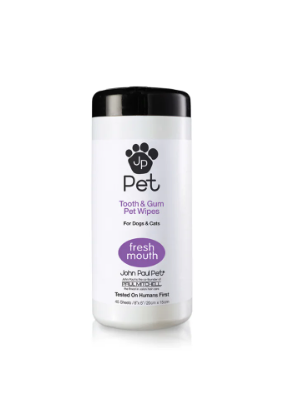 White Pet toothbrush spray bottle with black cap and purple label on a white background