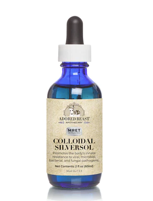 Blue bottle of Adored Beast colloidal silver supplement with dropper cap
