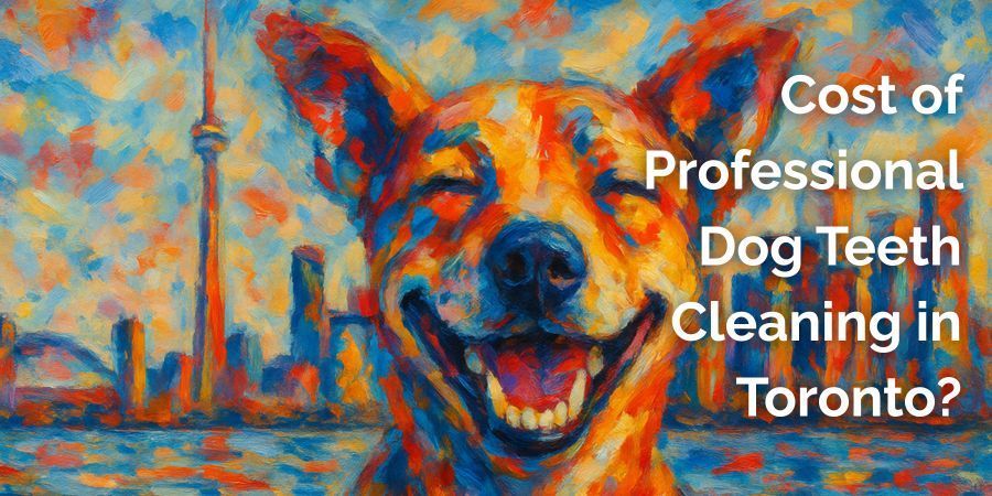 Colorful dog portrait with text: “Cost of Professional Dog Teeth Cleaning in Toronto?”
