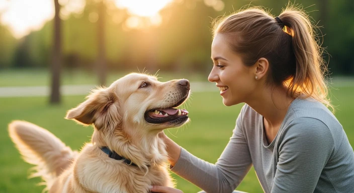 Woman smiling at a golden retriever in a sunlit park, both facing each other affectionately