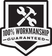 A black and white logo that says `` 100 % workmanship guaranteed '' with a wrench and hammer.