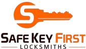 A logo for safe key first locksmiths with an orange key