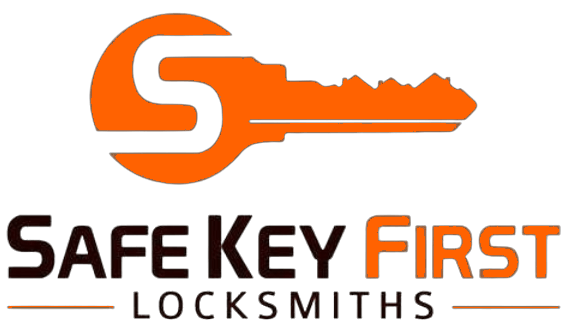 A logo for safe key first locksmiths with an orange key