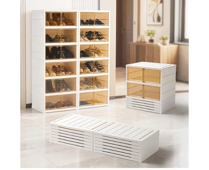Portable Shoe Rack Organizer for Closet Entryway, Stackable Sneaker Storage Shoe Cabinet with Magnetic Clear Door, Large Plastic Storage containers Bins with Lids 8 Tiers 32 Pairs