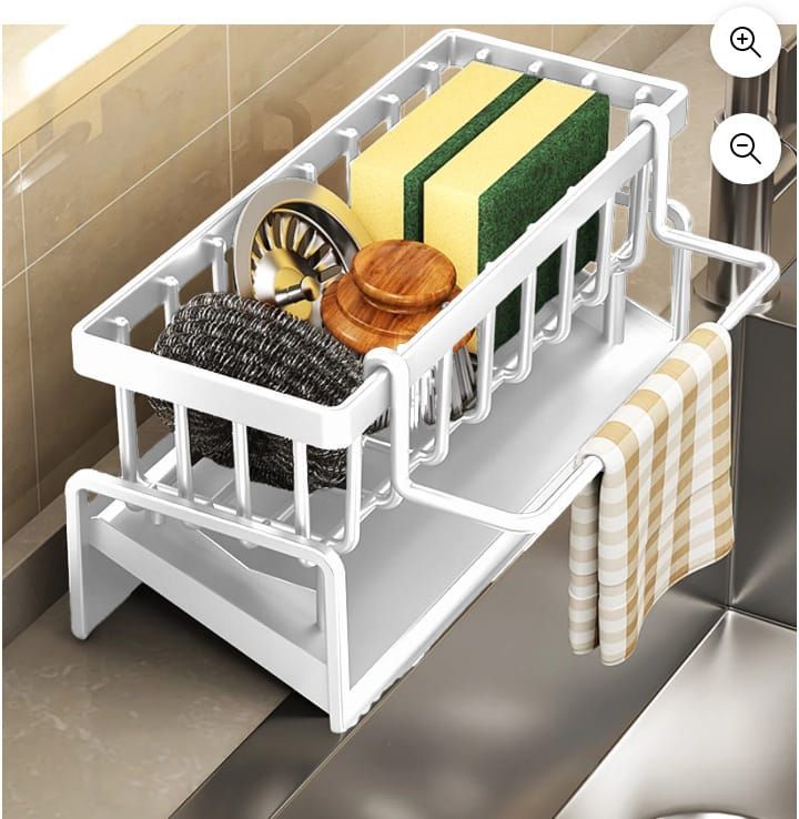 Self-Draining Kitchen Sink Caddy, Rustproof Non-Slip Sponge Holder with Detachable Dish Cloth Holder (Black)