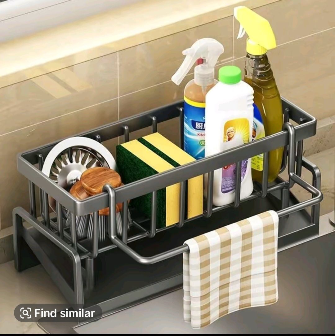 Self-Draining Kitchen Sink Caddy, Rustproof Non-Slip Sponge Holder with Detachable Dish Cloth Holder (Black)