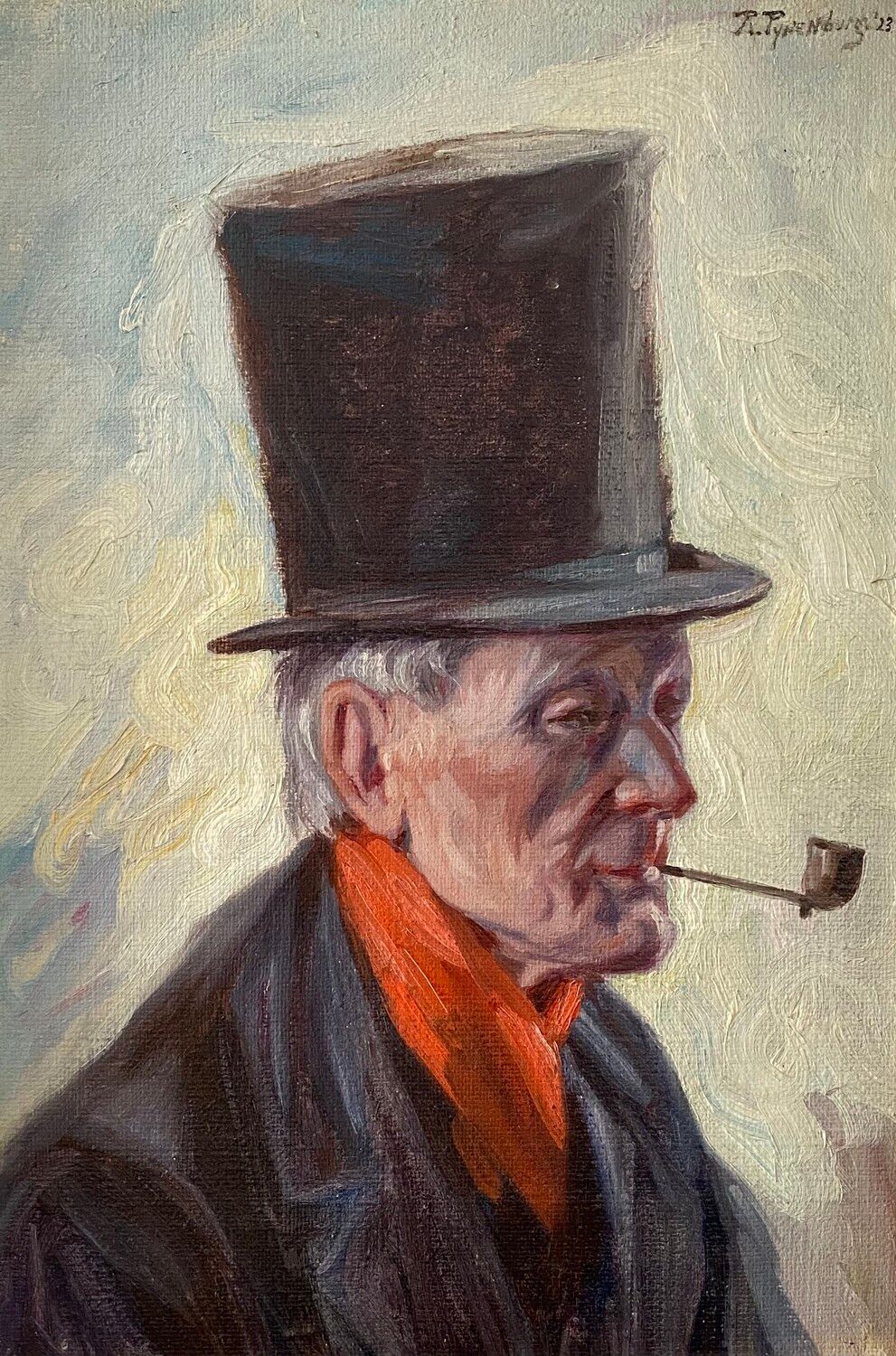 Portret van een persoon met een donkere hoge hoed en een feloranje sjaal, die een pijp rookt tegen een bleke, neutrale achtergrond.