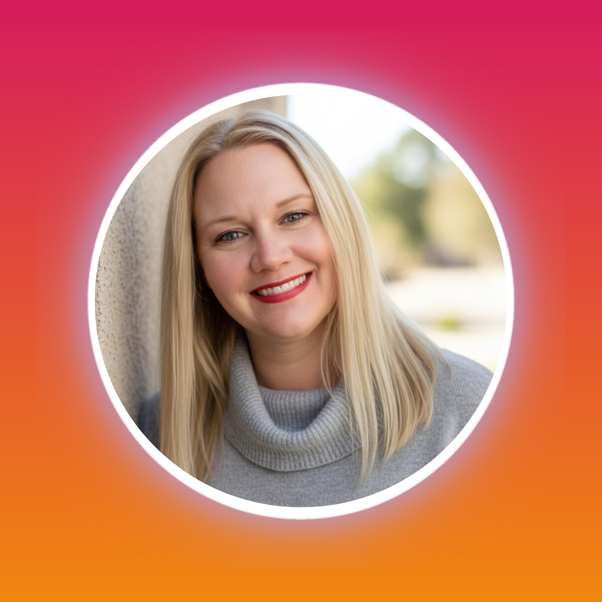 Smiling blonde woman in a circular profile photo on a pink-to-orange gradient background