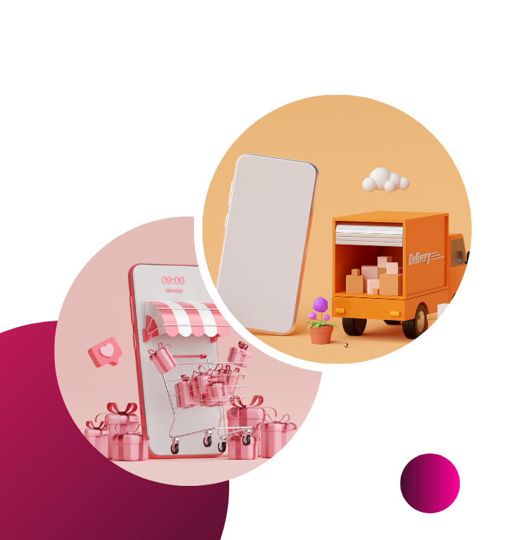 Pink and orange circular product mockups with a smartphone and delivery truck on a white background