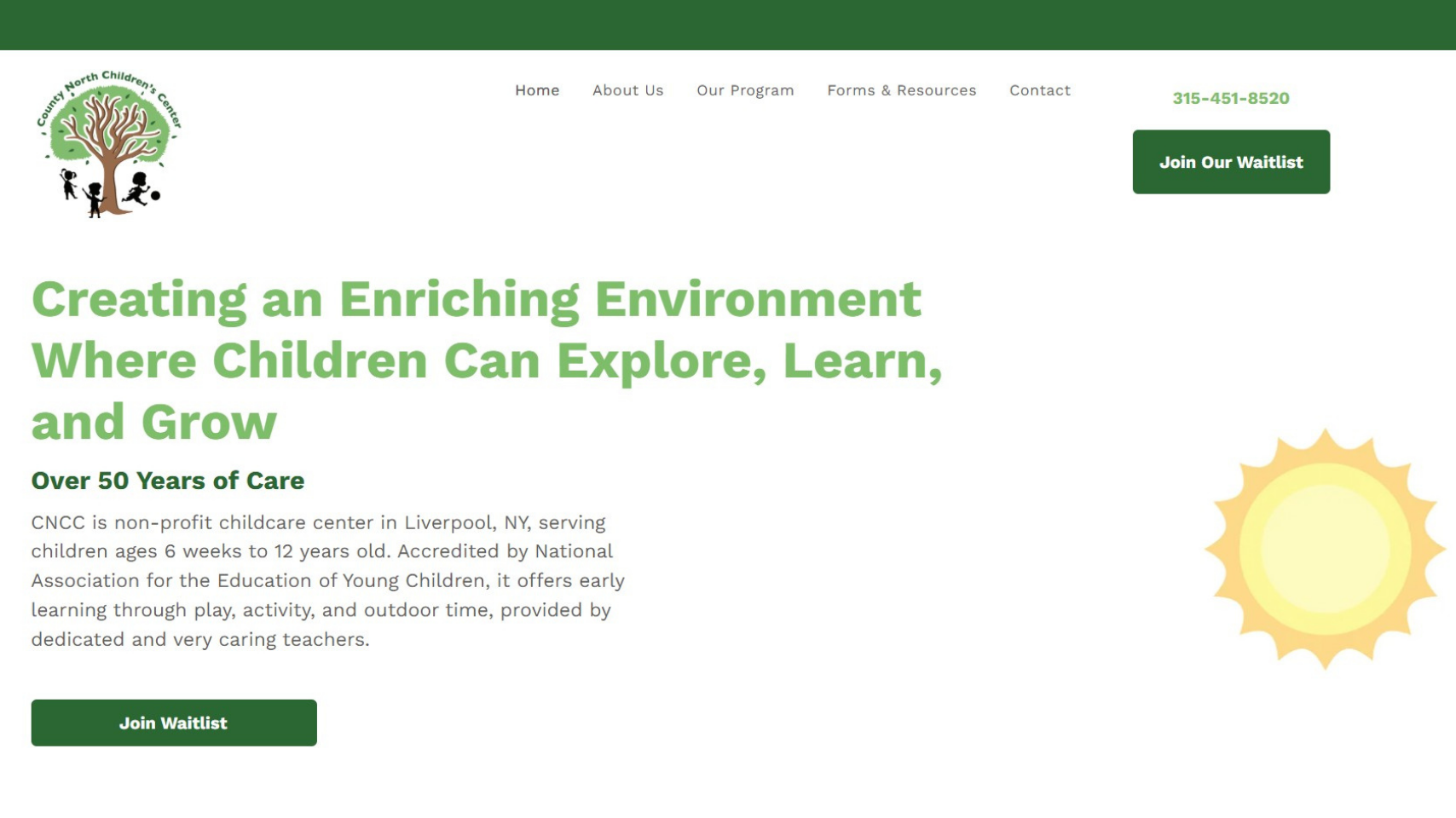 Homepage for childcare center with green headline, logo, navigation, and sun illustration