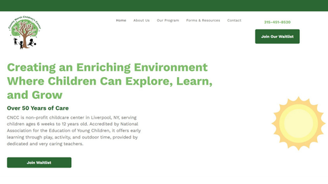 Homepage for childcare center with green headline, logo, navigation, and sun illustration