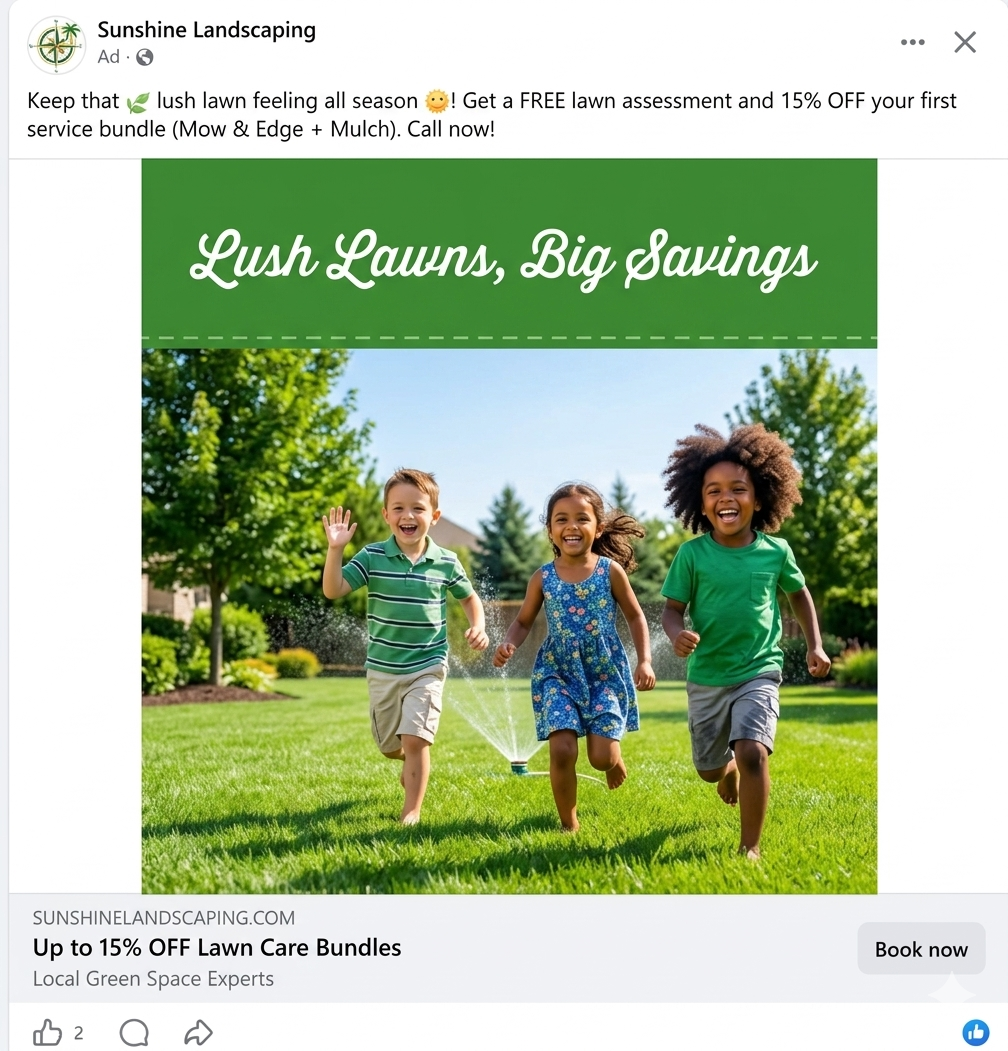 Three children running on grass under a banner reading “Lush Lawns, Big Savings”