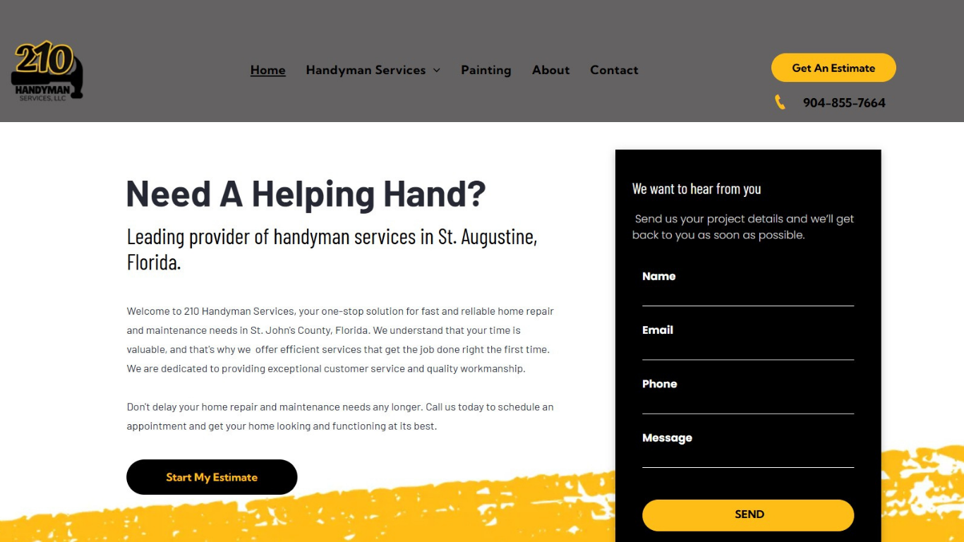Website help/contact form with white hero section, black sidebar form, and yellow accents