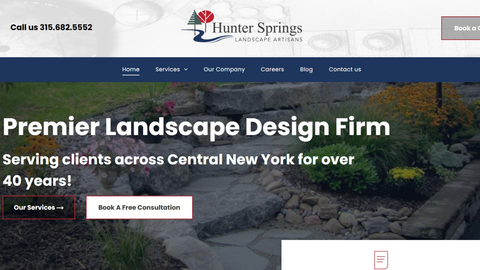 Hunter Springs landscape design homepage with stone path hero image and “Premier Landscape Design Firm” headline