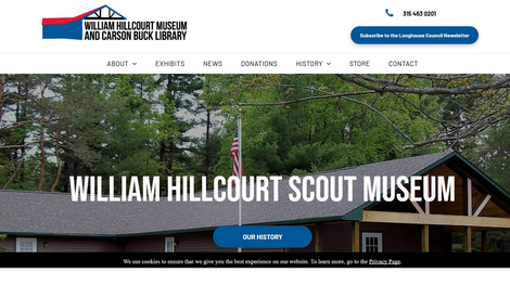William Hillcourt Scout Museum website homepage with forest hero image and blue buttons